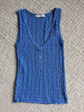 Zara Royal Blue Crochet Knit Camisole with Button Placket